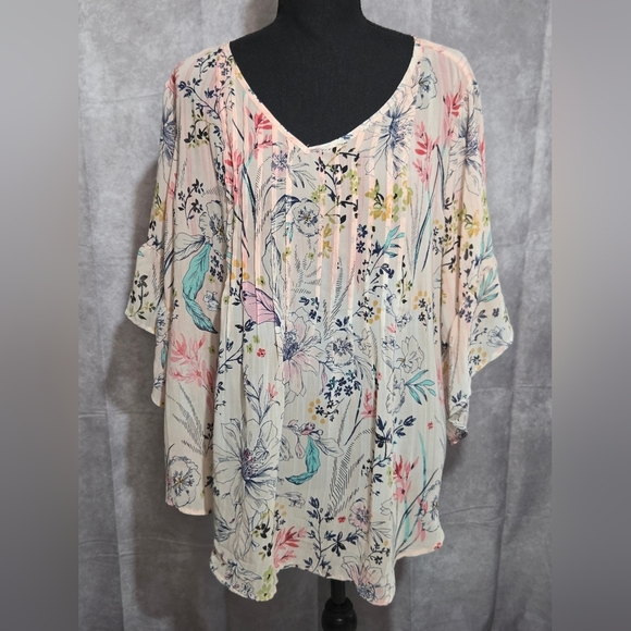 Style & Co. Tops - Style & Co Henley Cream Floral Top Roll Tab Sleeves Womens Large